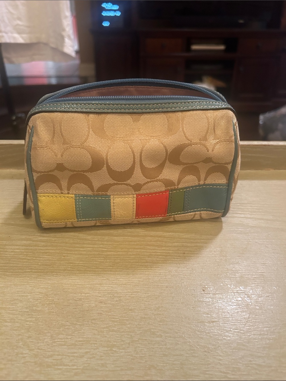 Coach Signature Canvas Toiletry Pouch with Multicolor Trim
